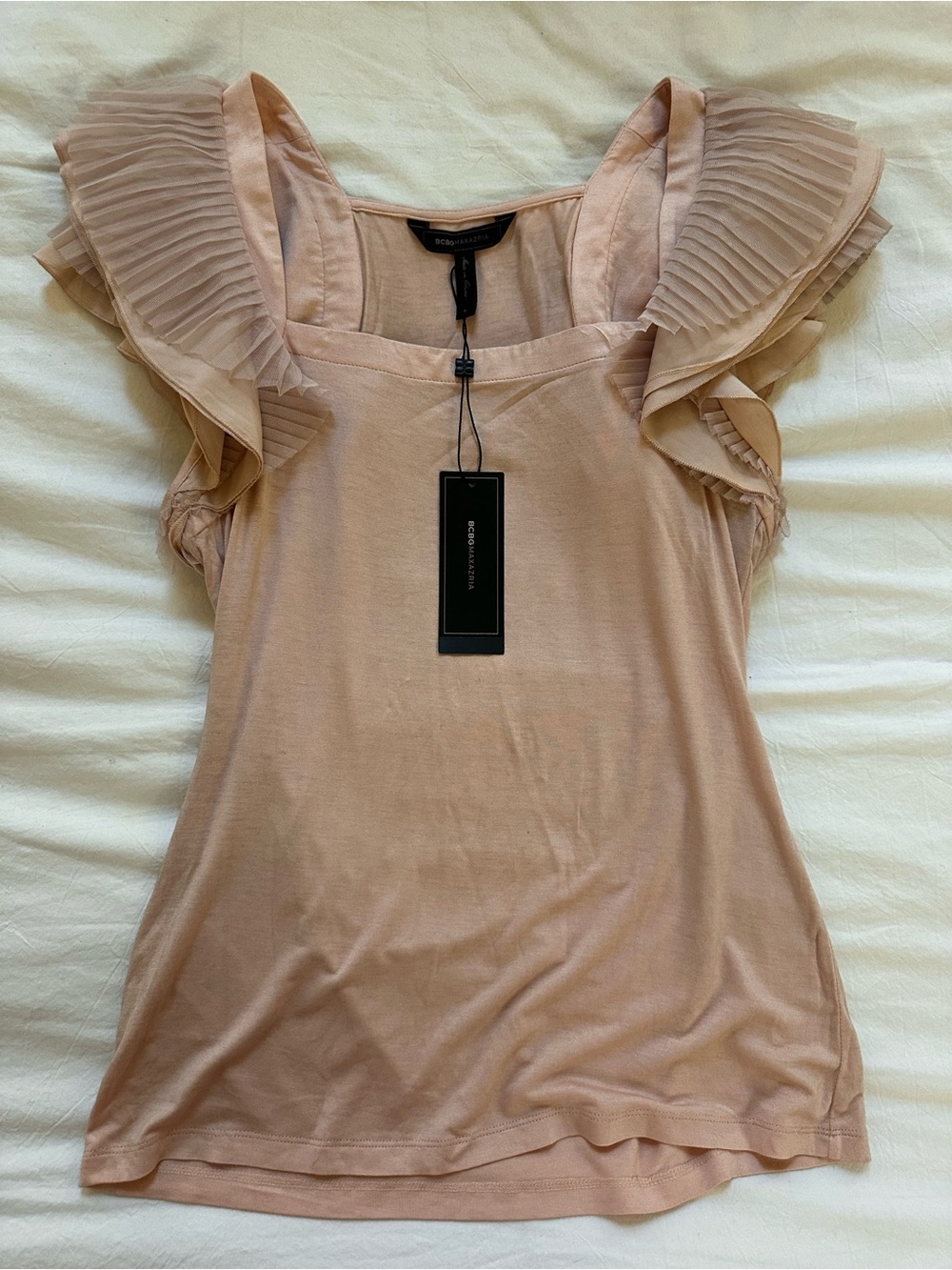 NWT BCBGMAXAZRIA Pink Pleated Sleeve Square Neck Blouse Size S